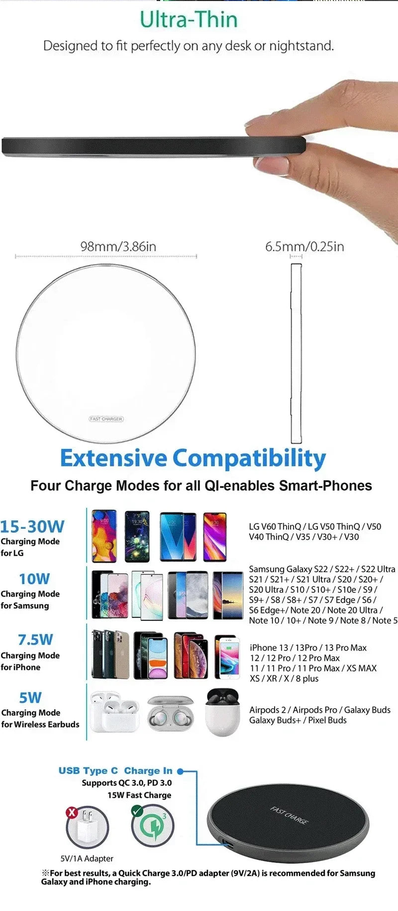 30W Wireless Charger Pad Stand Mobile Phone Chargers Fast Charging Dock Station For iPhone 15 14 13 12 11 Pro Max Samsung Xiaomi