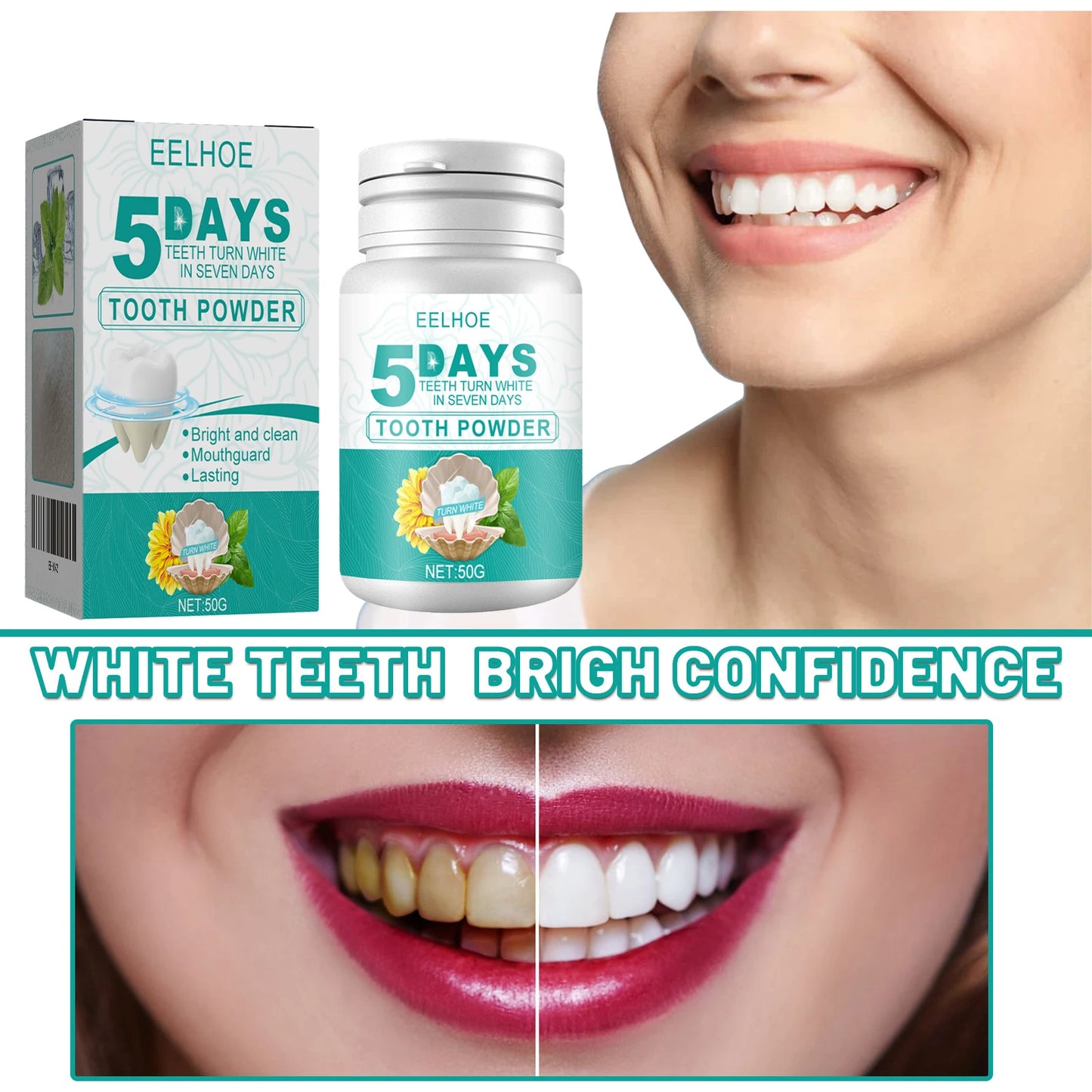 EELHOE Teeth Whitening Powder 5 Days Tooth Cleaning Oral Hygiene Care Plaque Stains Tartar Removal Stains Natural Cleaning Tool