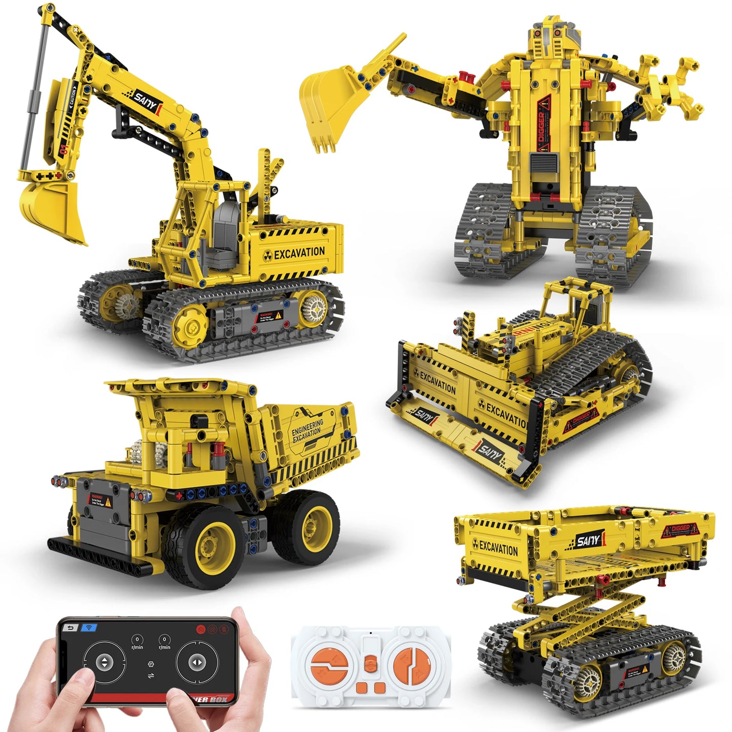 5 In 1Technical Car Excavator APP Remote Control Power Bricks Building Blocks Engineering Truck Toys Kids Moc Sets Gift K96173