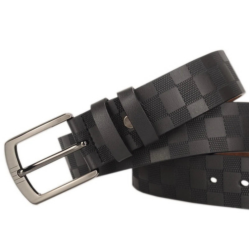 Genuine leather men's cowhide pin buckle belt checkerboard pattern belt fashion new belt holiday gift