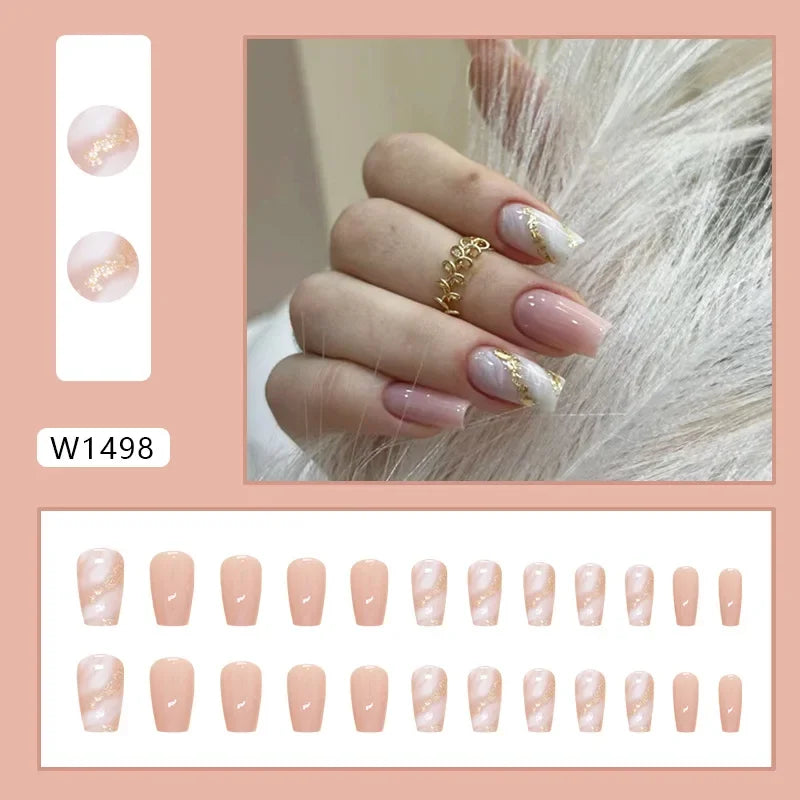 Gold Pink Wine Red 24 Pcs Fake Nail with Jelly sticker Press on False Nails Wearable Round Head Oval Full Cover Nail Tips