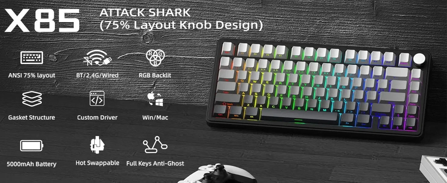 Attack Shark X85 Wireless Keyboard Game Mechanical Keyboard 75% RGB Tri-mode GASKET Structure Full-key Hot-swap Game Accessories