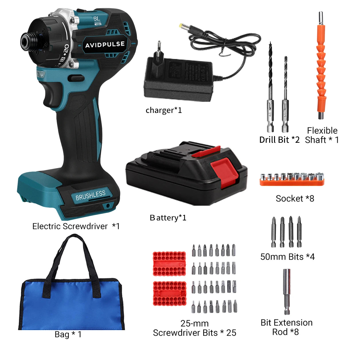 AvidPulse 20+1 Torque 1/4inch Brushless Electric Screwdriver Cordless 280N.m Electric Drill Power Tool For Makita 18v Battery