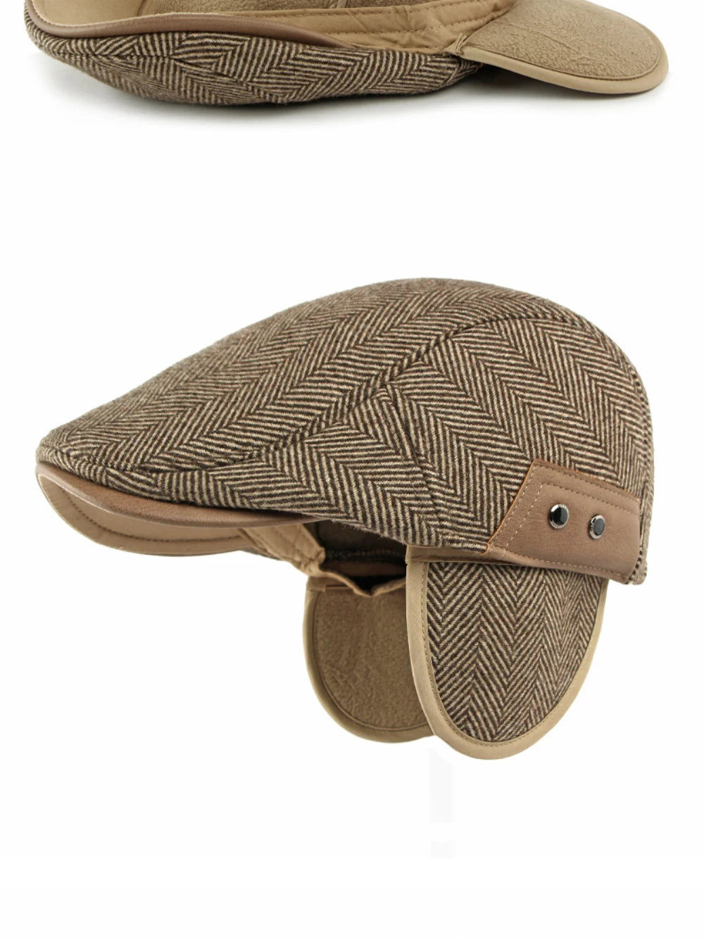 HT5025 Beret Cap Striped Beret Hats with Ear Flaps Male Female Adjustable Ivy Flat Cap Fleece Lined Winter Hat Women Mens Berets
