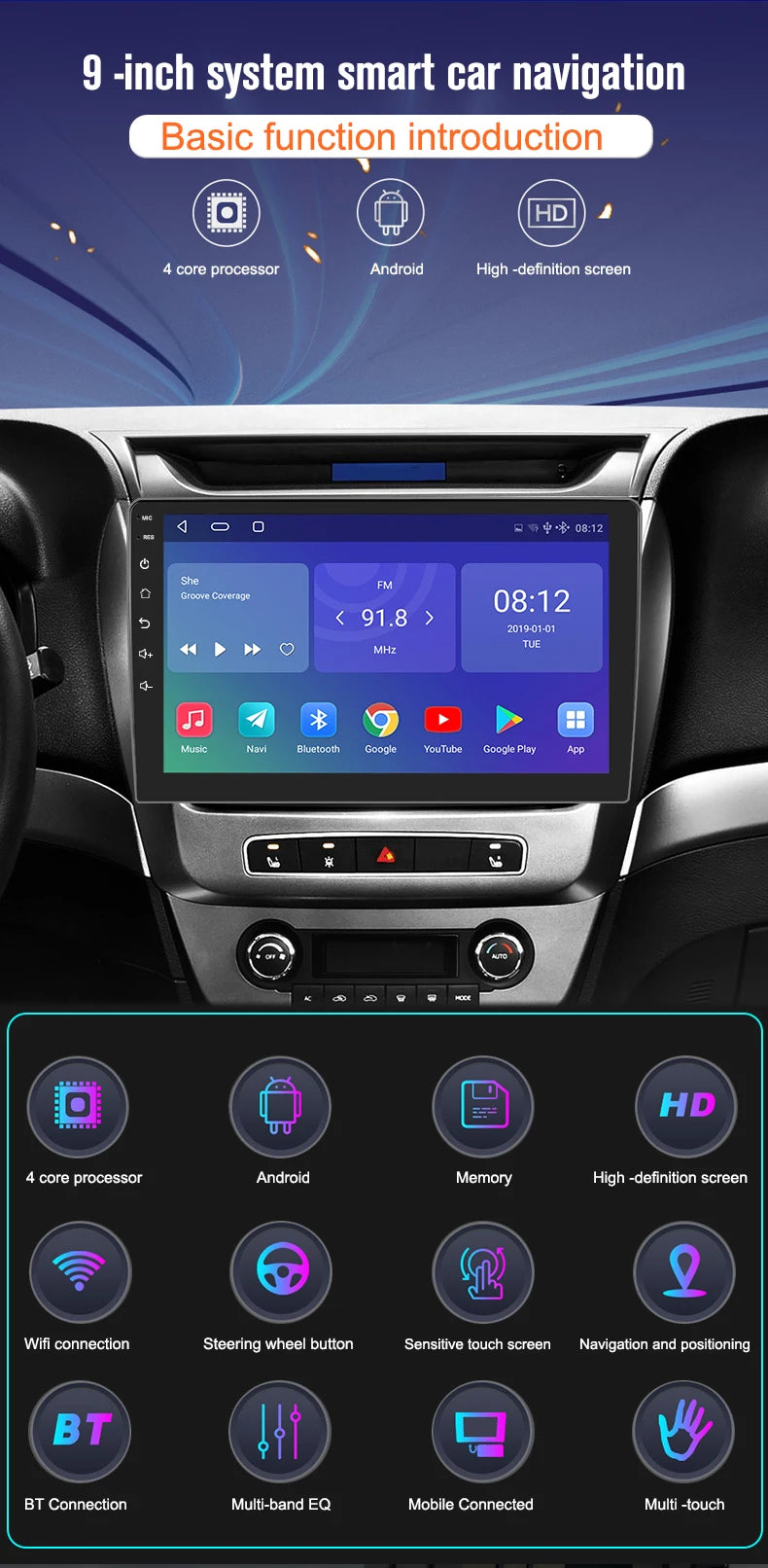 2 Din Android 12 Car Radio Multimedia Video Player Navigation GPS 9 inch Stereo Head unit For Nissan Kia Honda Toyota
