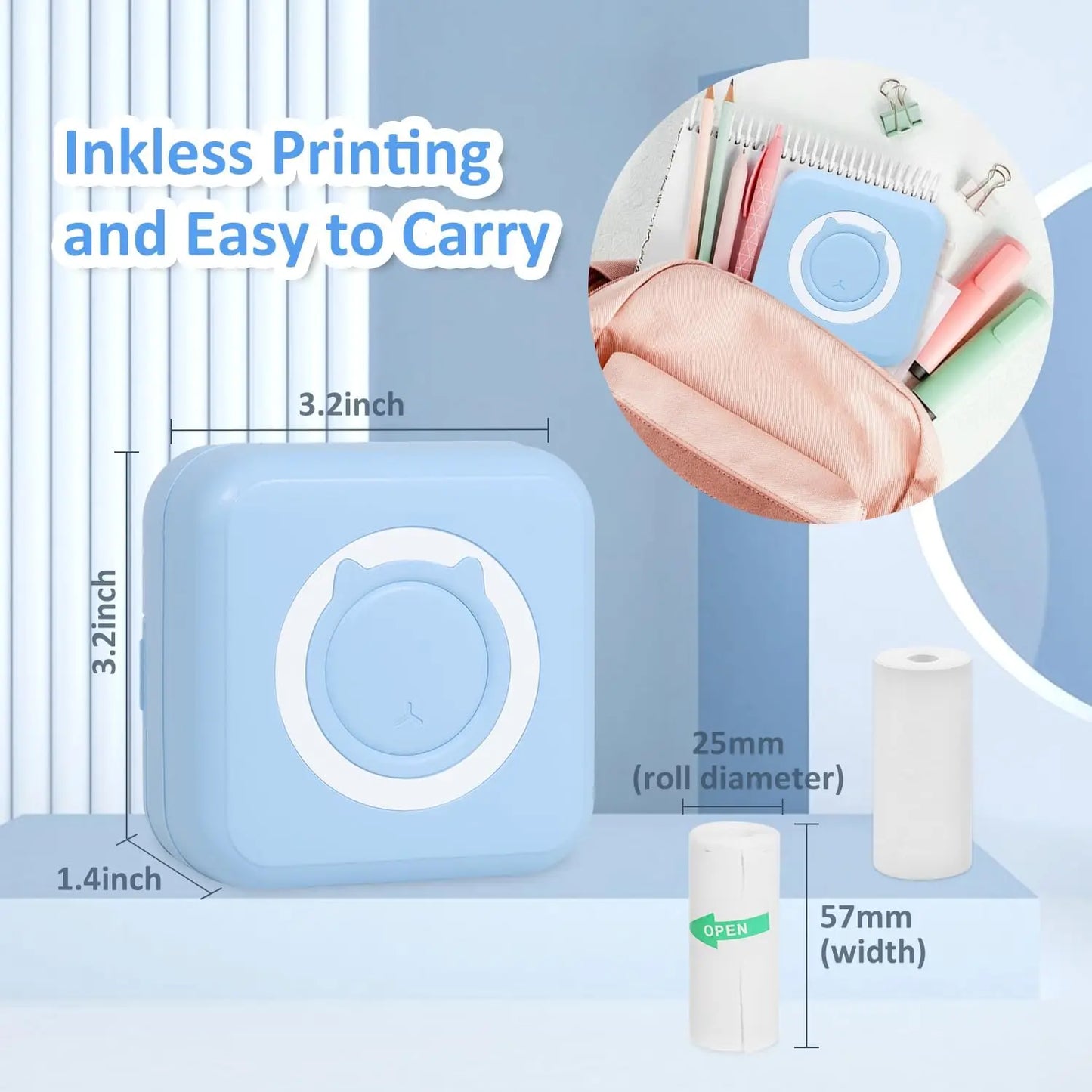 Mini Thermal Printer Portable Wireless Bluetooth Inkless Printer with 3 Rolls Sticker 3 Rolls Thermal Paper for Memo DIY