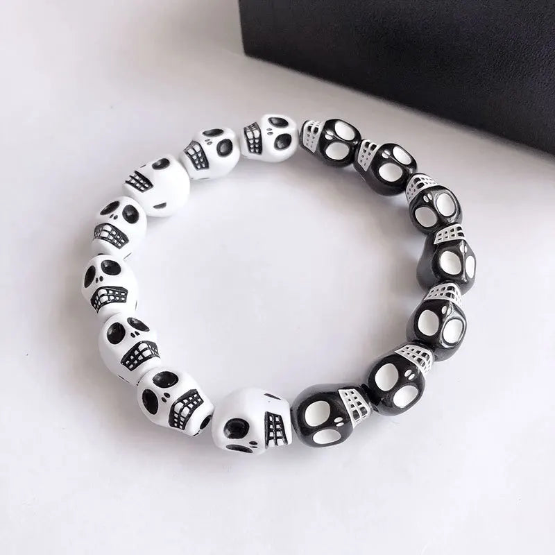 Punk Goth Skull Skeleton Bracelets for Women Men Hip Hop Elastic Beaded Bracelets Bangles Handmade Halloween Jewelry Gift