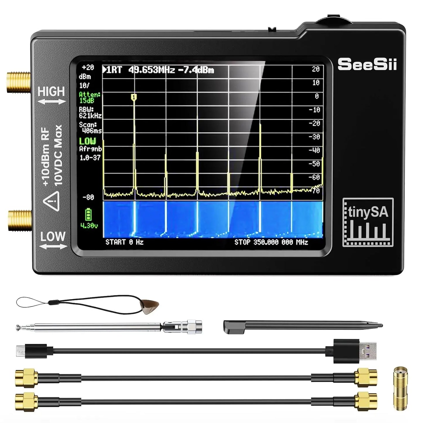 SEESII TinySA Spectrum Analyzer 2.8 Inch Handheld Tiny Frequency Analyzer 100kHz to 960MHz MF/HF/VHF UHF Signal Generator V0.3.1