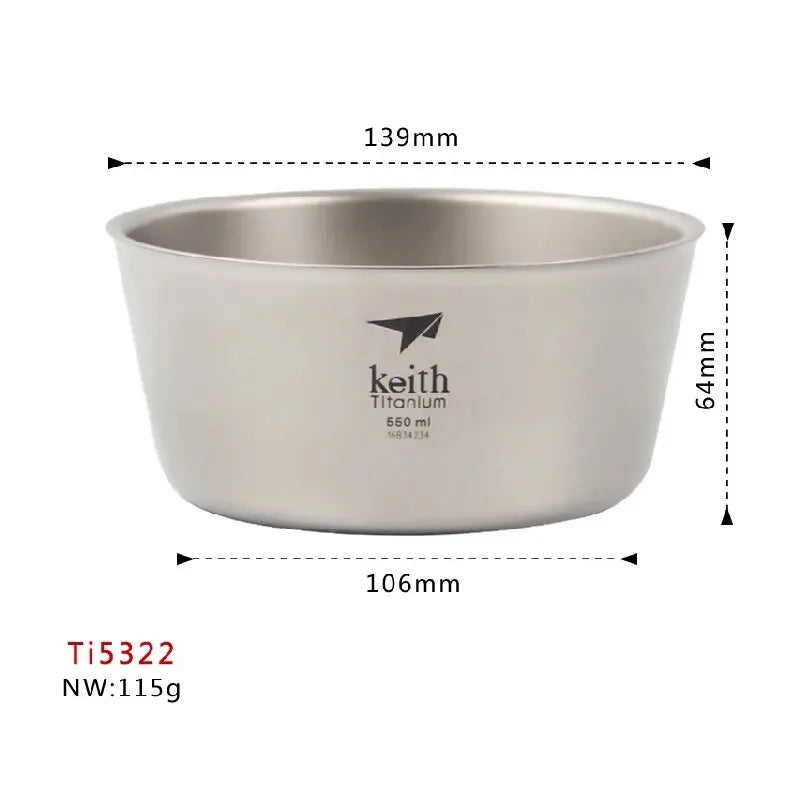 Keith Double-wall Titanium Rice Noodle Ramen Bowl Lunch Box 0.5L Salad Container Utensils For Tourism Tableware Ti5322