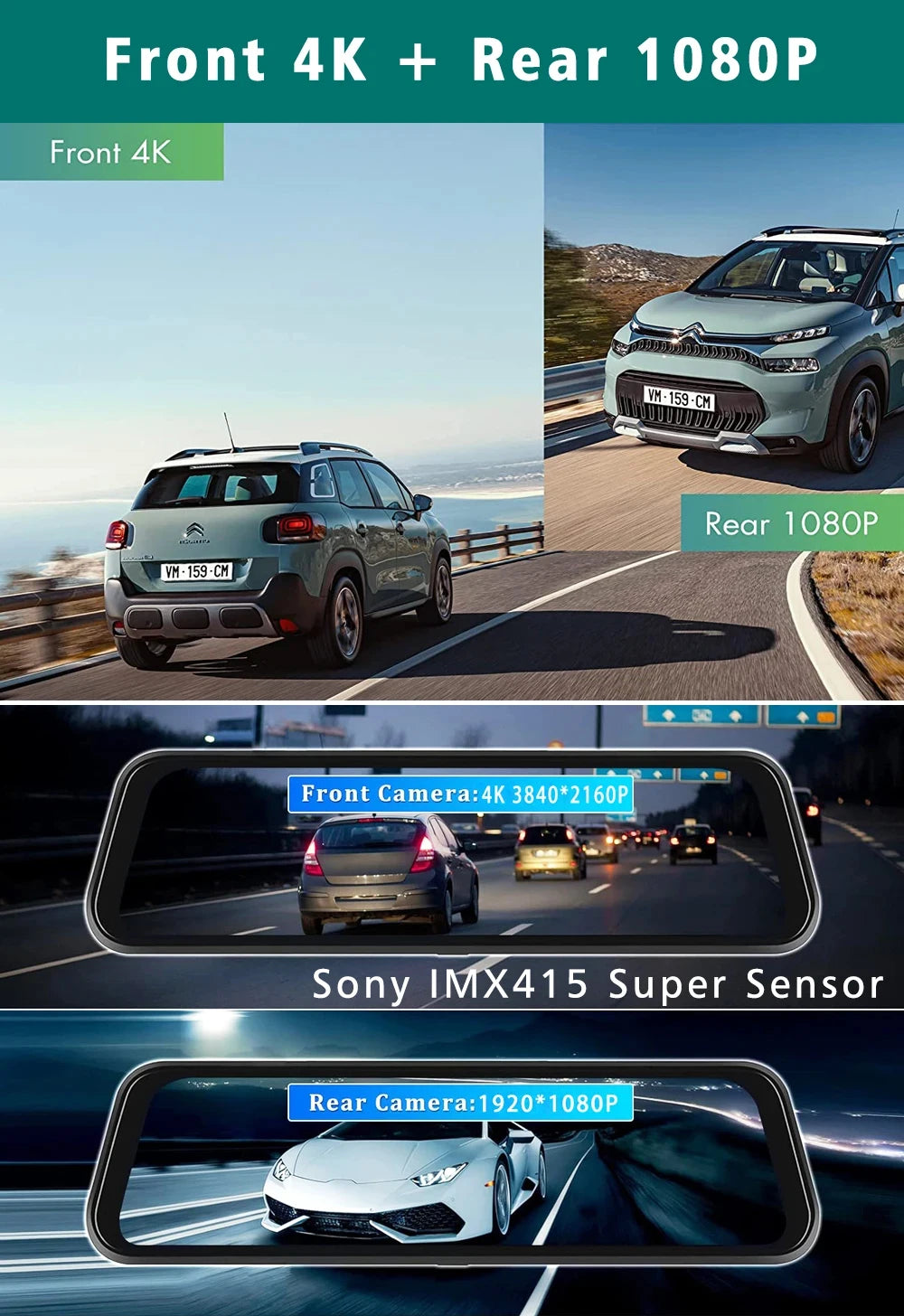 10"  Dash Cam 4K 3840*2160P Car Dvr Carplay Android Auto GPS 5G WIFI AUX Stream RearView Mirror Dashcam Camera Drive Recorder FM