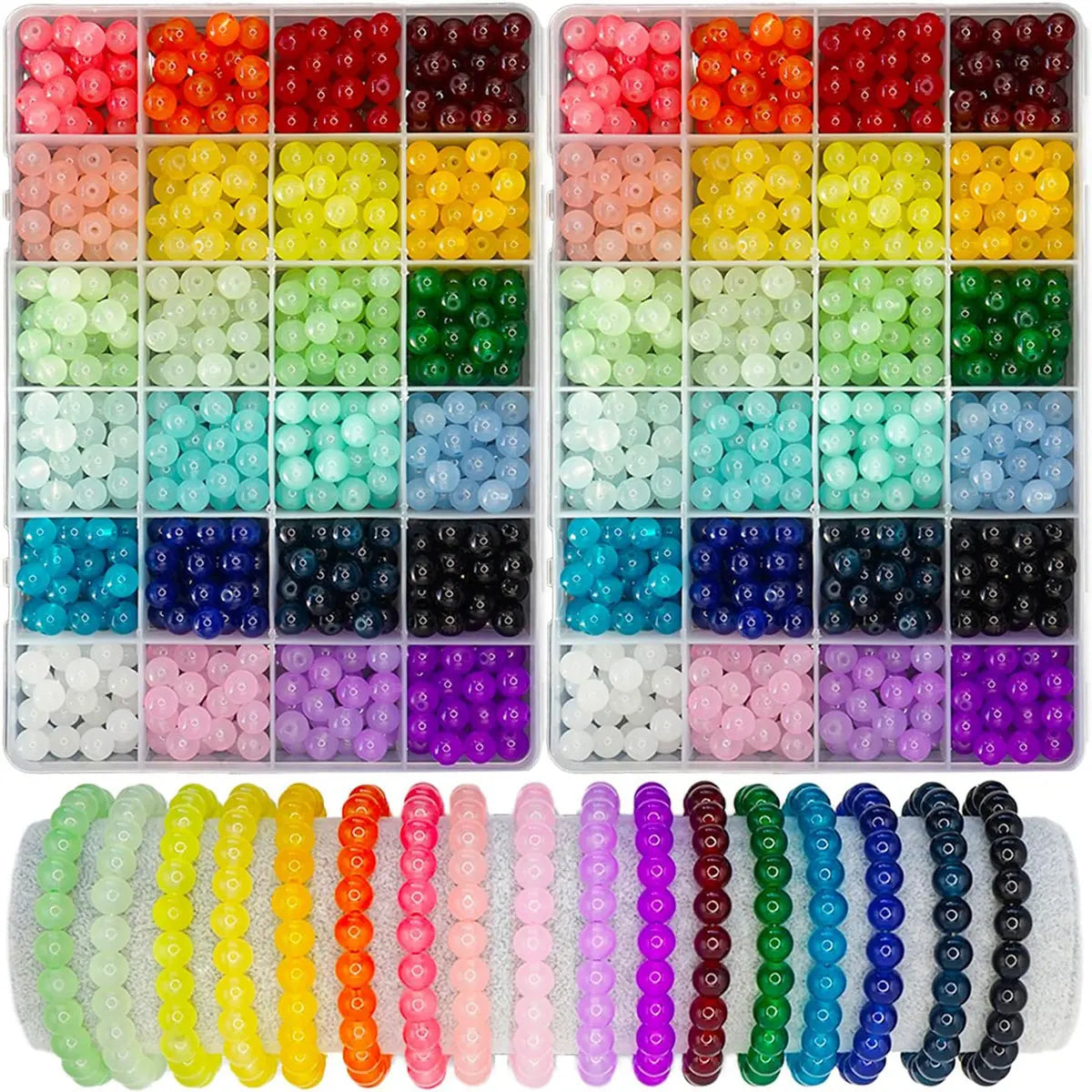 1200PCS 48 CompartmentsGlass Beads for Jewelry Making, 24 Colors 8mm Crystal Beads Bracelets Making Kit, 2 Box Round Beads Suita