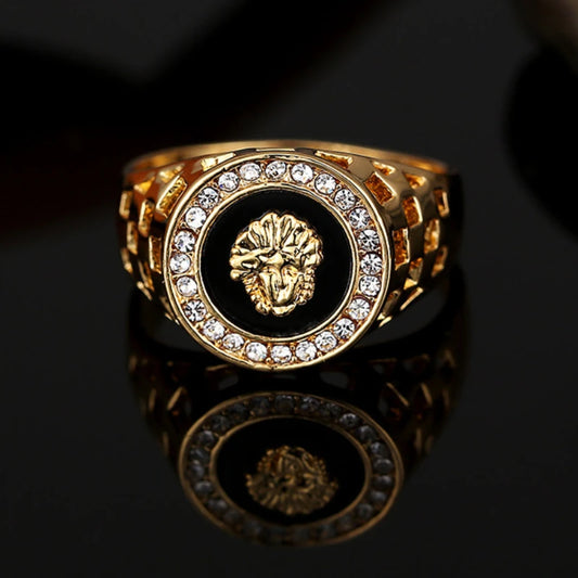 Punk Men Lion Head Rings Crystal Enamel Ring for Women Gold Alloy Hollow Finger Rings Vintage Hip Hop Rock Party Brand Jewelry