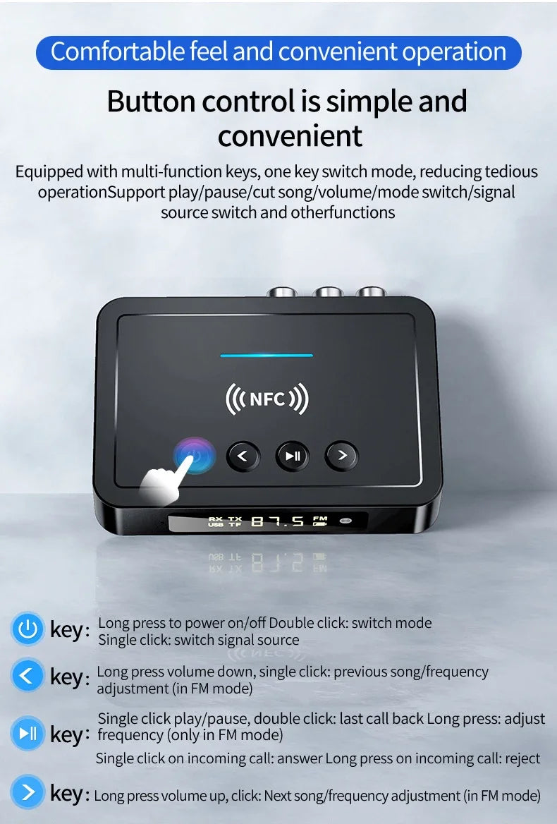 VIKEFON Bluetooth Receiver Transmitter 5.0 NFC Stereo 3.5mm AUX Jack RCA Wireless Audio Adapter Mic IR Remote Control For TV PC