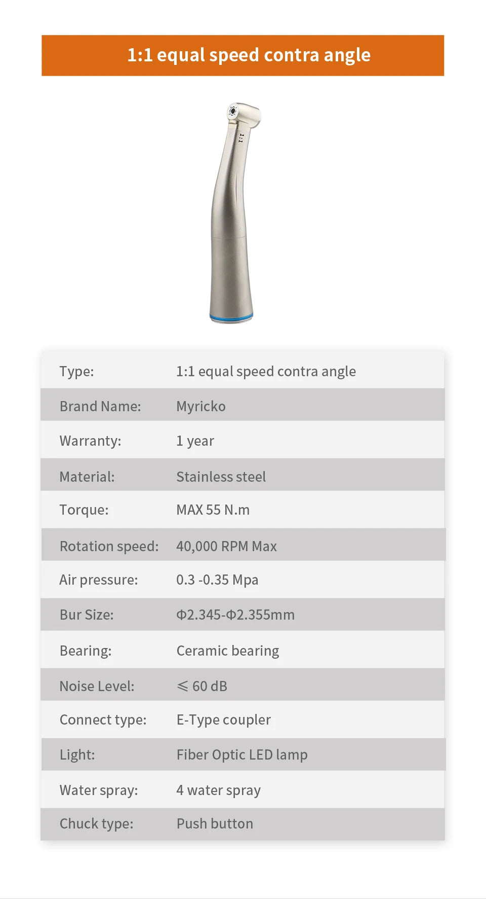 Myricko Dental  For 1:1/1:5 Bule Fiber Optic Contra Angle Low Speed Handpiece Push Button Dentistry Instrument Tools