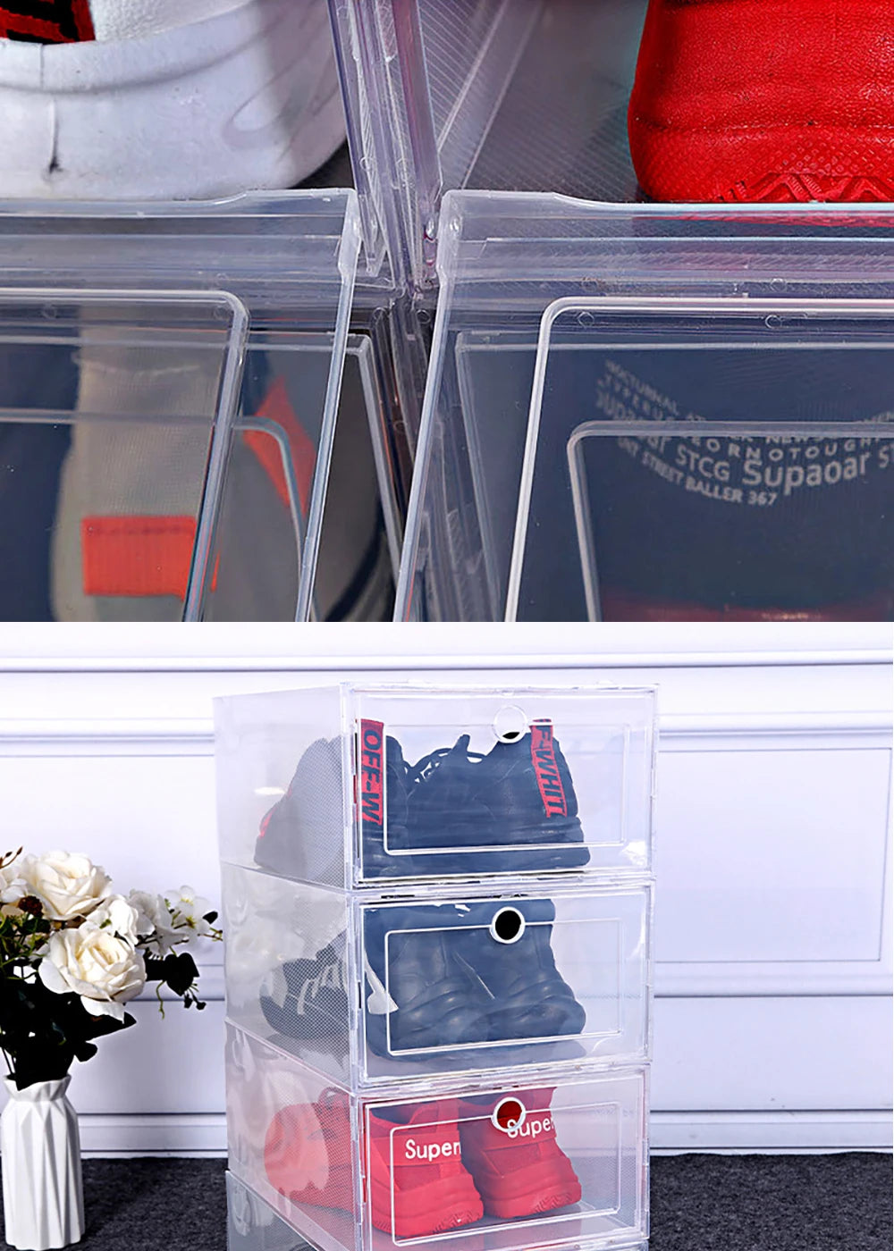 6 Pack Transparent shoe box shoes organizers thickened foldable Dustproof storage box Stackable combined shoe cabinet Sale