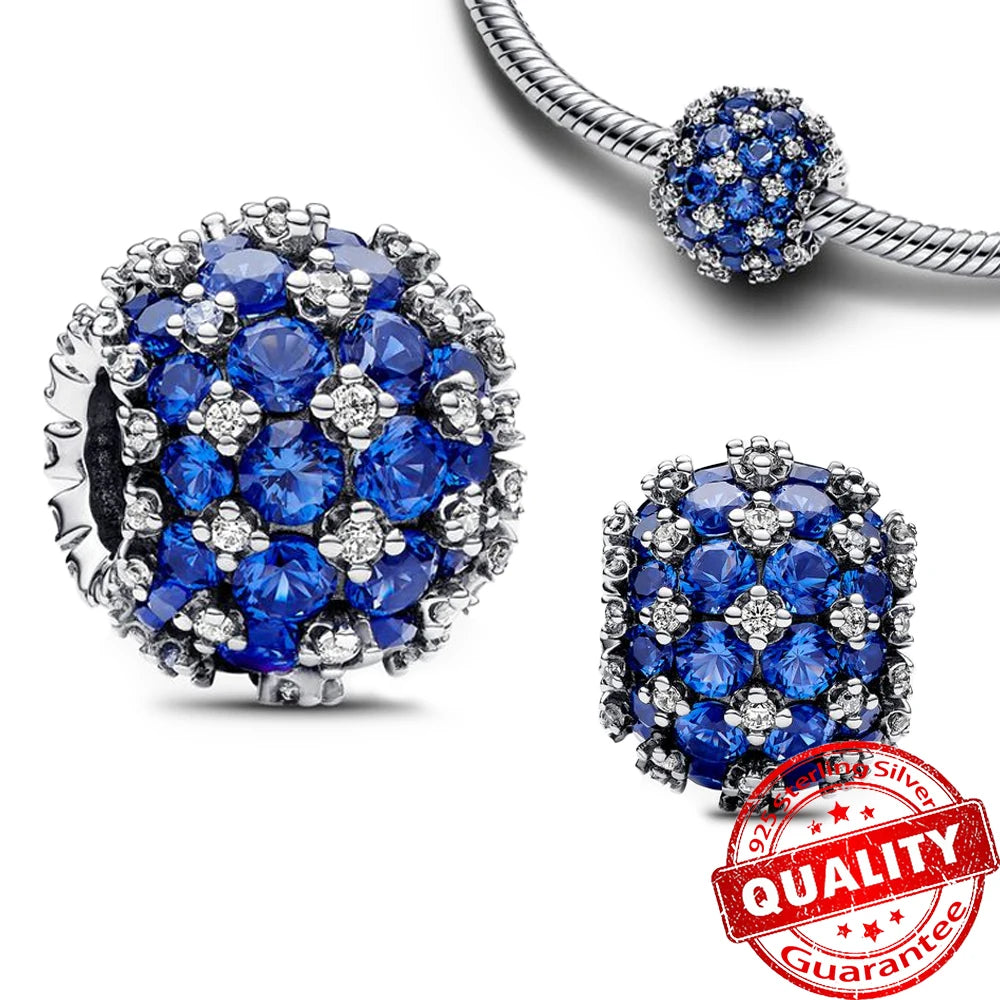 Sparkling 925 Sterling Silver Pavé Round Pink Charm Fit Original Bracelet Blue Charm Beads Women Necklace Fine Jewelry Gift