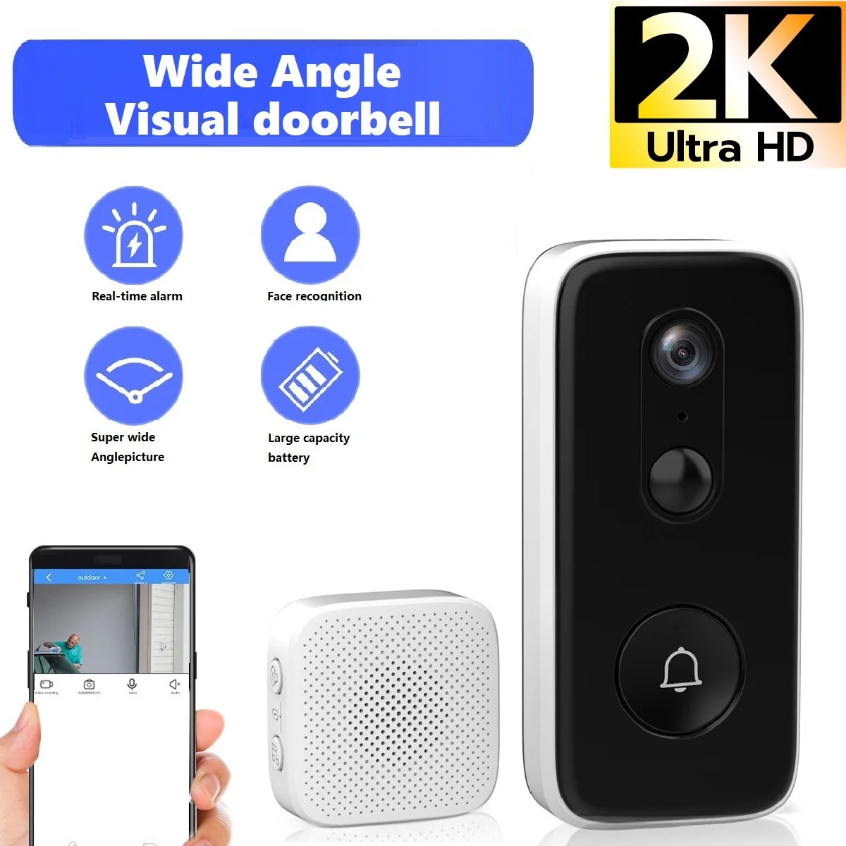 JOOAN 2K HD wireless doorbell camera, smart doorbell video Home Intercom HD night vision 2.4G WIFI rechargeable security doorbel