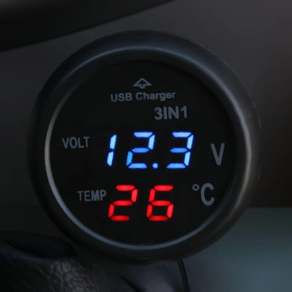 3 in 1 12/24V Car Auto LED Digital Voltmeter Gauge Thermometer USB Charger Monitor Display Charging for Phone Tablet GPS