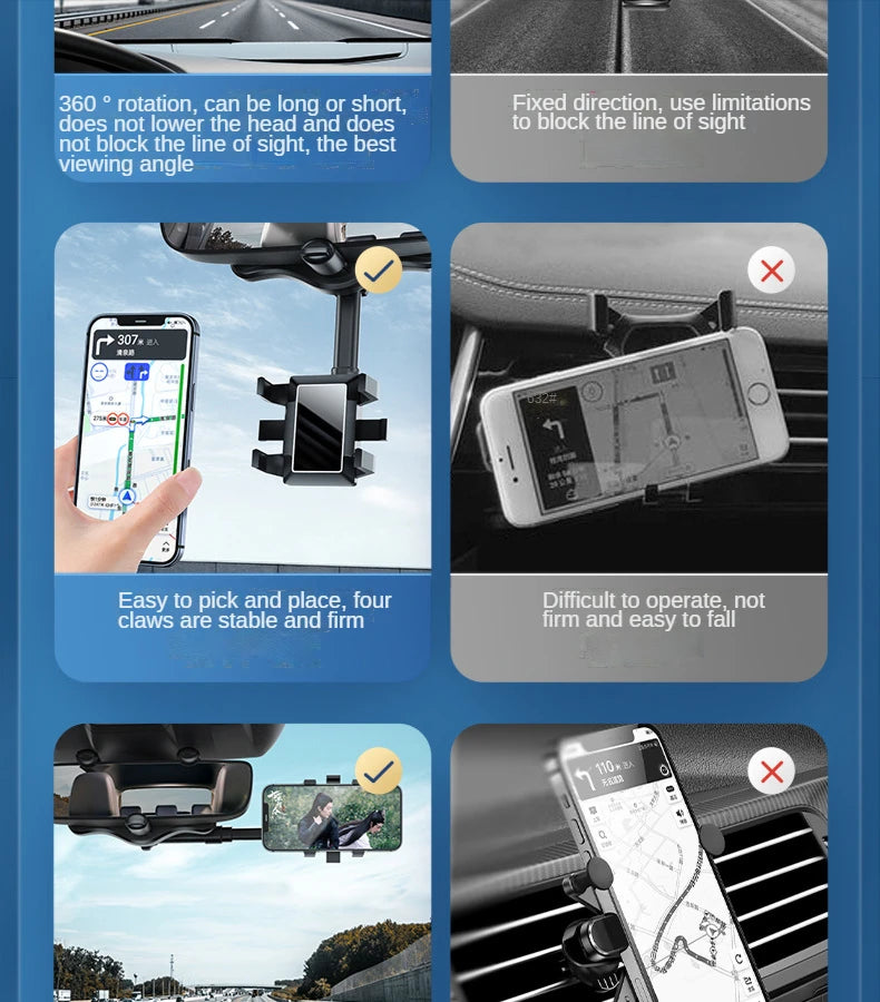 Car Phone Holder 360° Rearview Mirror Phone Holder Auto Rearview Mirror Seat Hanging Clip Bracket Cell Phone Holder for Car