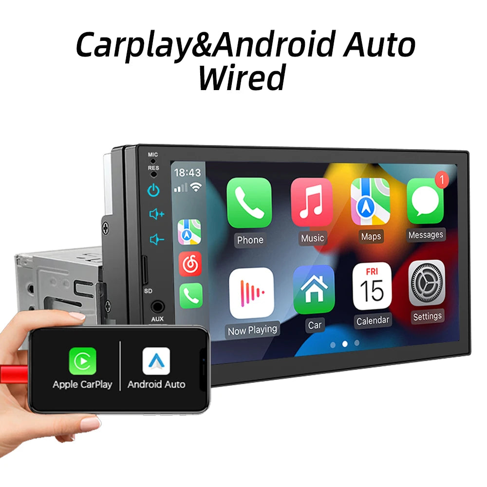 7 Inch Car Radio Carplay Android Auto 1 Din Multimedia Player HD Touch Screen FM AUX Input Bluetooth MirrorLink Universal