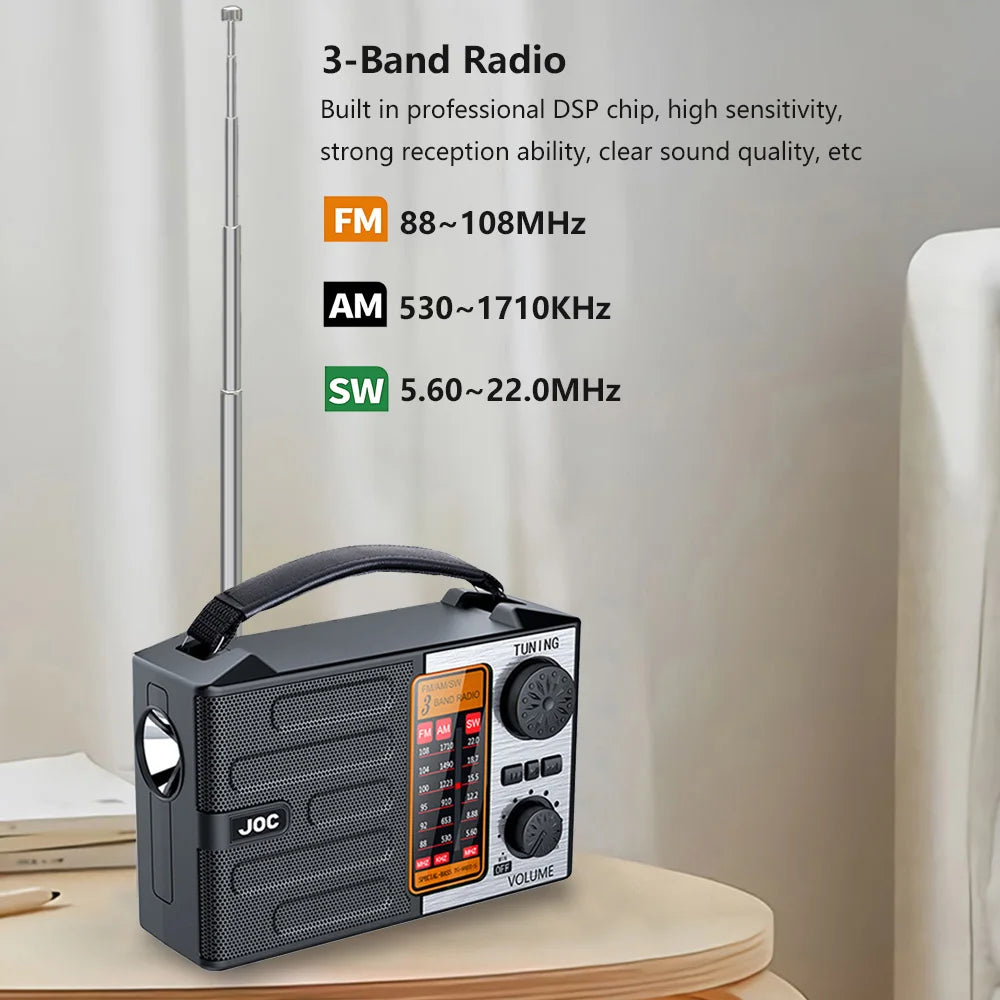 Portable FM AM SW Radio Rechargeable Outdoor Solar Full Band High Sensitivity Radio Receiver with LED Lighting Bluetooth Speaker
