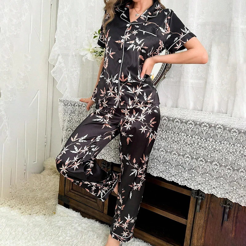 Women's Sleepwear Satin Casual Pajama Set Autumn Short Sleeve Buttons Lapel Top & Pants Pajamas 2 Piece Set Soft Home Clothing