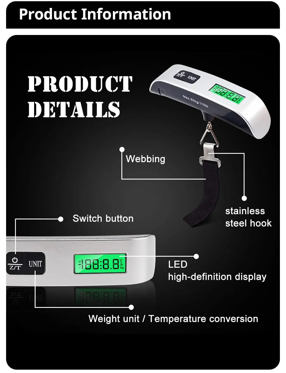 1pcs LCD Display 110lb/50kg Electronic Luggage Hanging Suitcase Travel Weighs Baggage Bag Weight Balance Portable Scale Digital