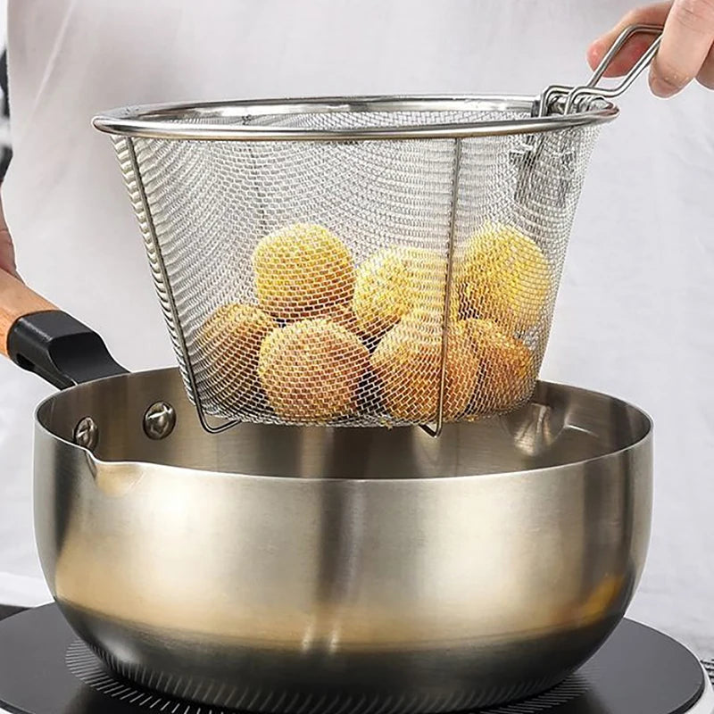 French Chip Frying Strainer Basket Stainless Steel Deep Fry Basket Kitchen Round Fryer Wire Mesh With Handle Wire Colander Nets
