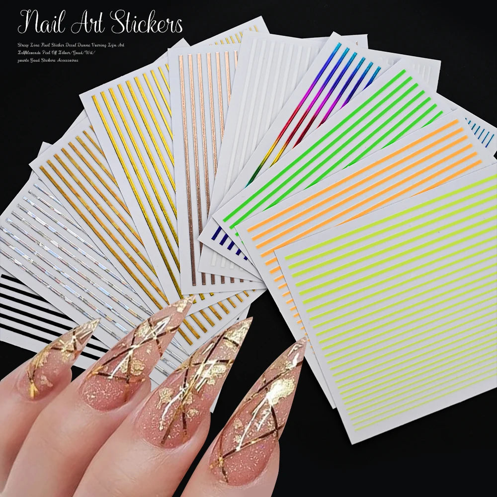 1Sheet Laser Gold/Silver Line 3D Nail Art Stickers Colorful/Black/White Stripe Self-Adhesive Slider DIY Lines Manicure Decals *&