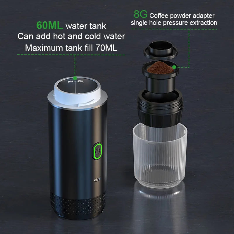 Wireless Electric Portable Espresso Coffee Machine for Car & Home Camping Coffee Maker 3-in-1 Capsule Powder Travel Coffee Maker