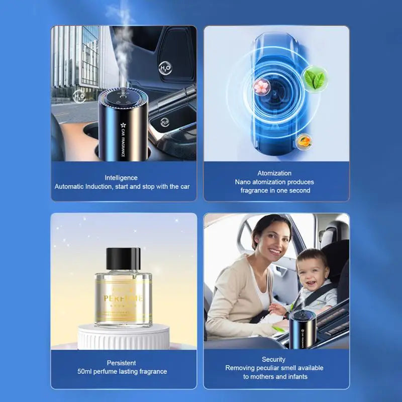 Car Air Freshener Essential Oil Fragrance Diffuser Smell Distributor USB Rechargeable Aromatherapy Scent Air Refresher LED Light