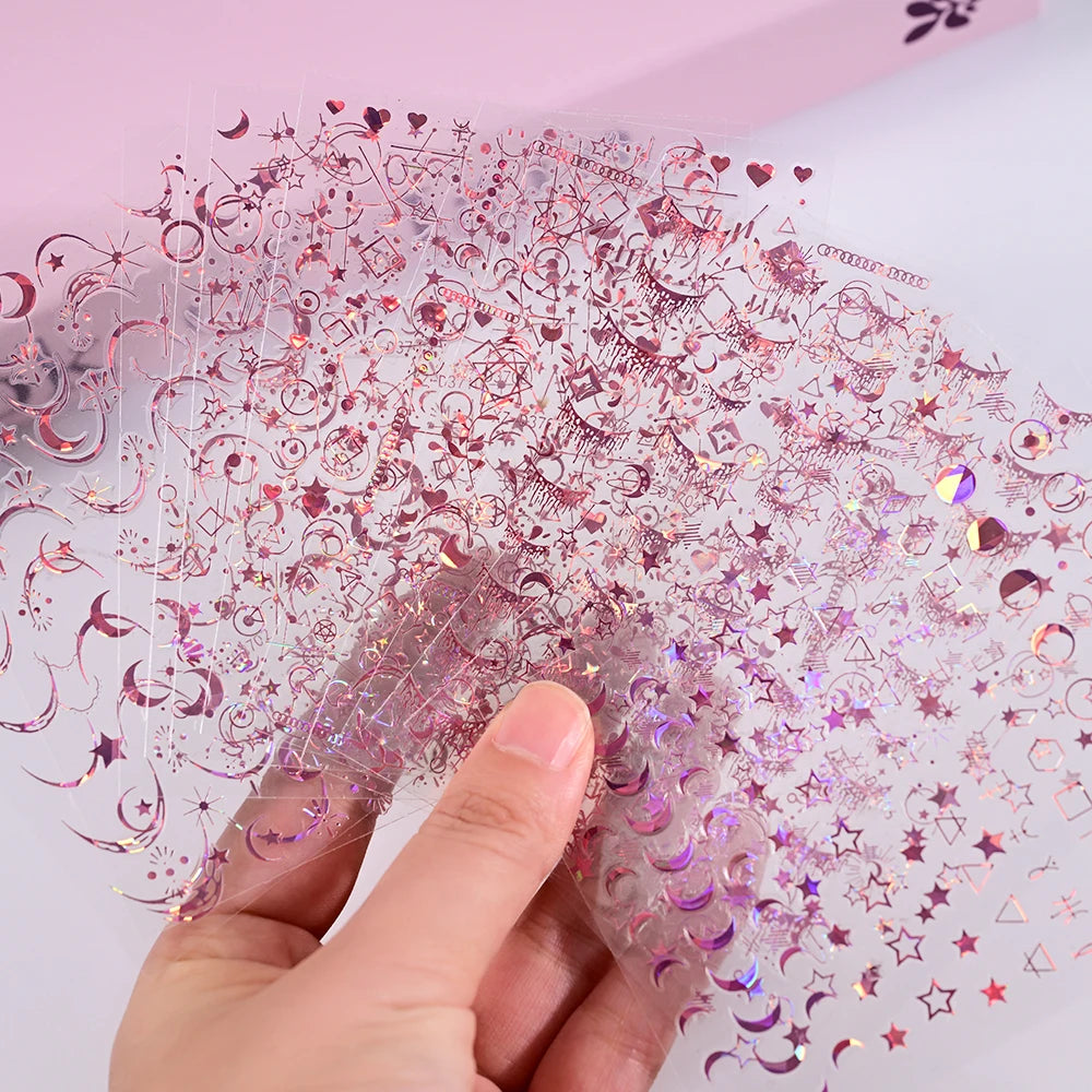 12Pcs Gold/Silver Tasse/Line/Star/Moon 3D Nail Art Stickers Leaf/Geometric Design Self-adhesive Sliders Luxury Manicure Decals