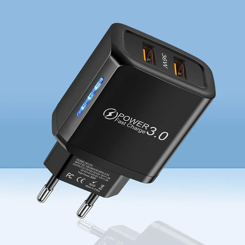 36W USB Mobile Phone Charger Quick Charge 3.0 Fast Charging Adapter For iPhone 16 15 pro Max Xiaomi 14 Samsung Huawei Chargers