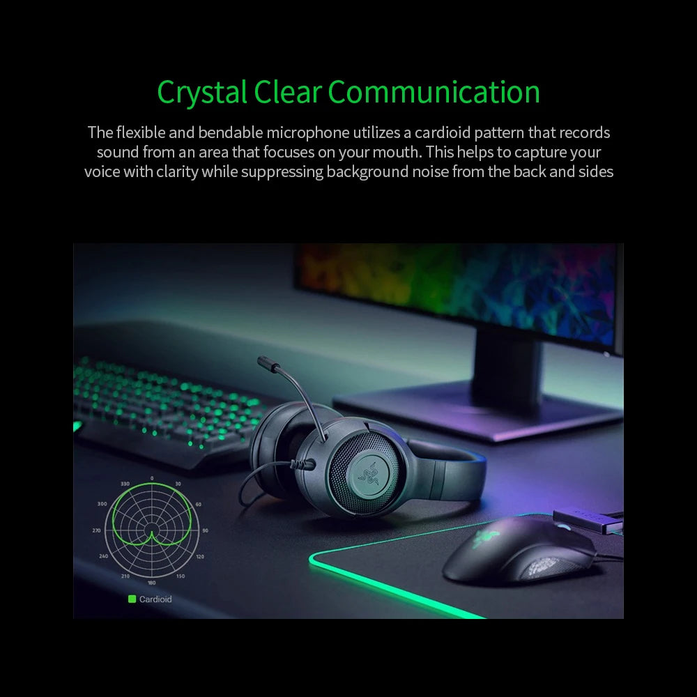 Razer Kraken X Essential Gaming Headset 7.1 Surround Sound Headphone Bendable Cardioid Microphone 40mm Driver Unit Headphones
