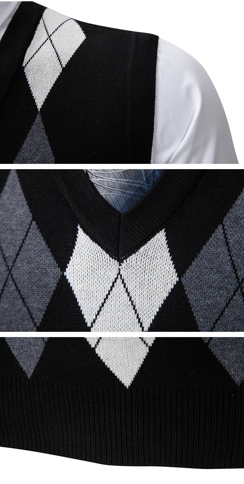 Mens Soft Sweater Vest Spring Autumn Sleeveless Knitted Pullover Husband Dad Fashion Knitted Vests Black Grey Plaid S-2XL