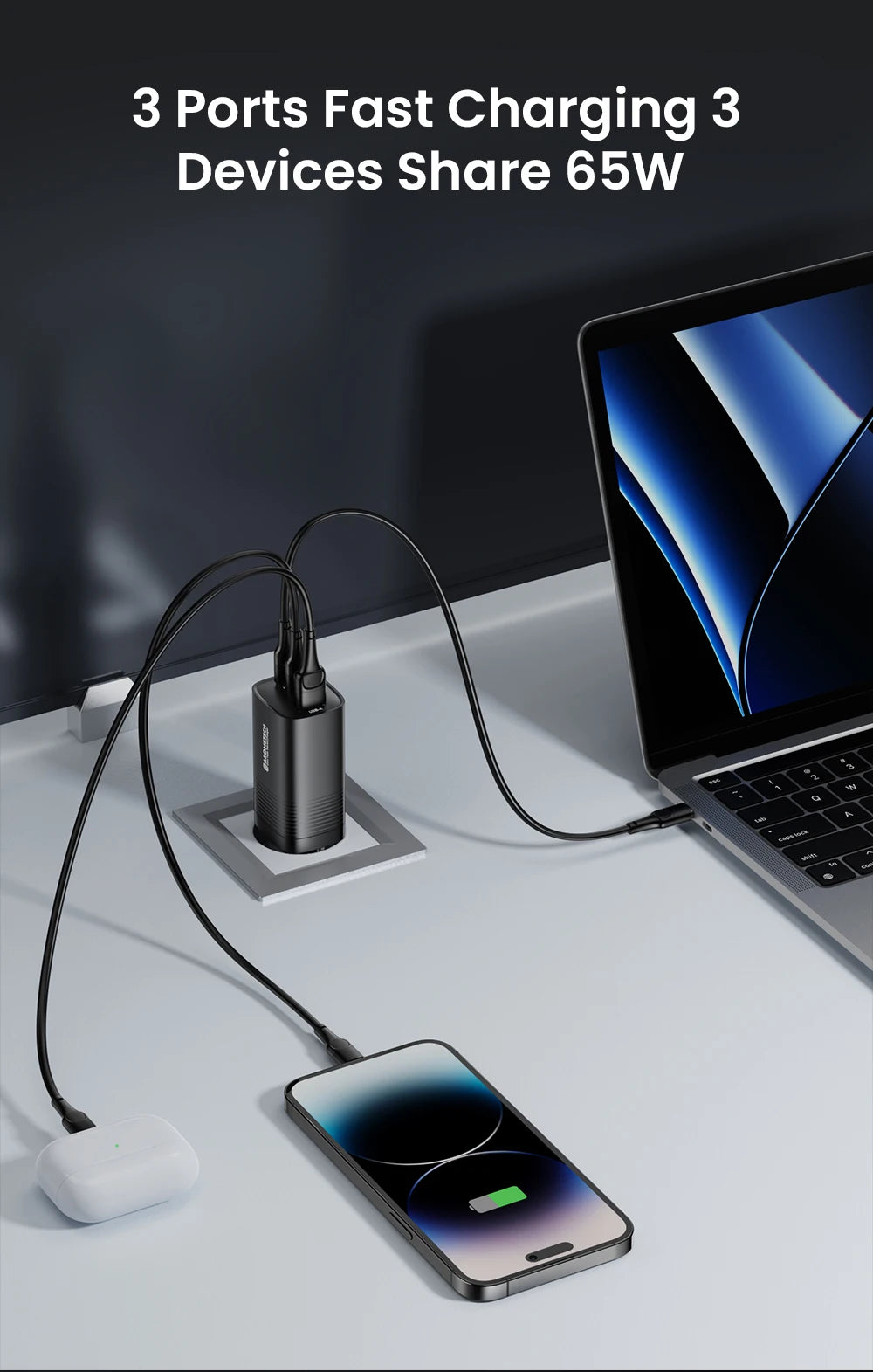 ASOMETECH GaN USB Type C Charger 65W 45W PPS PD QC4.0 Quick Charger For Macbook Laptop IPAD Tablet iPhone 16 Samsung S23 Ultra
