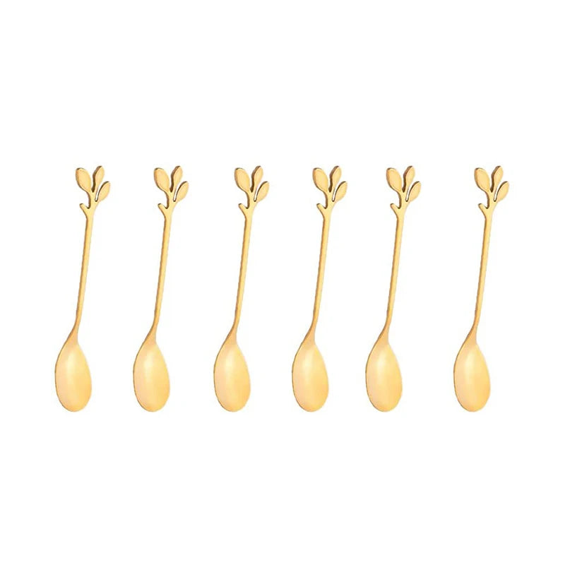 6PCS Creative Personality Stainless Steel Gold Spoons Tree Leaf Spoon Coffee Spoon Tea Spoon Home Restaurant Dessert Cutlery Set