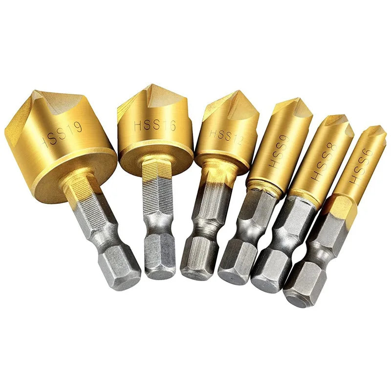 6PCS Hexagon Shank Titanium-Plated Five Flute Chamfering Cutter 1/4'' Hexagon Shank Reaming Chamfer 12mm16mm19mm Punching Tool