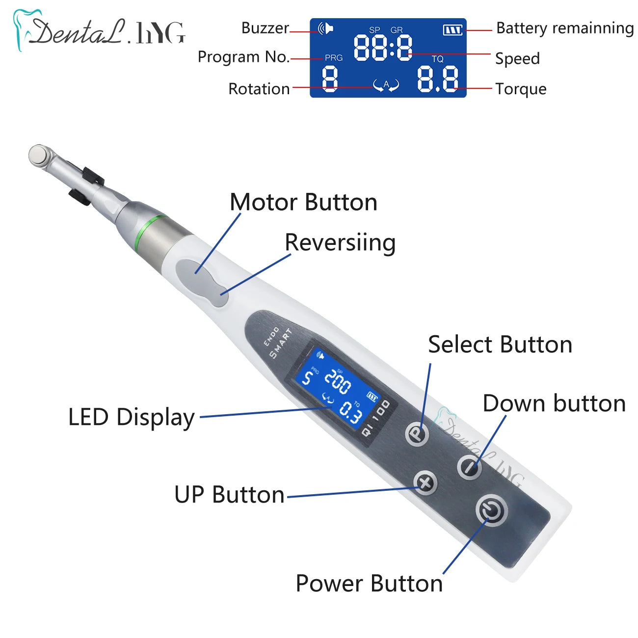 Dental Wireless Endo Motor Smart 9 Programs with LED Lamp and 16:1 Reduction Contra Angle Endodontic Instrument