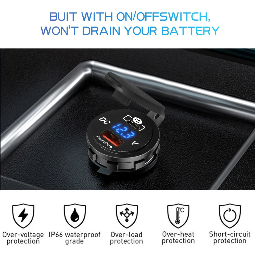 60W PD QC3.0 Car Charger Socket with Voltage Meter Quick Charge 3.0 Socket Power Outlet for 12V/24V Motorcycle Truck Boat