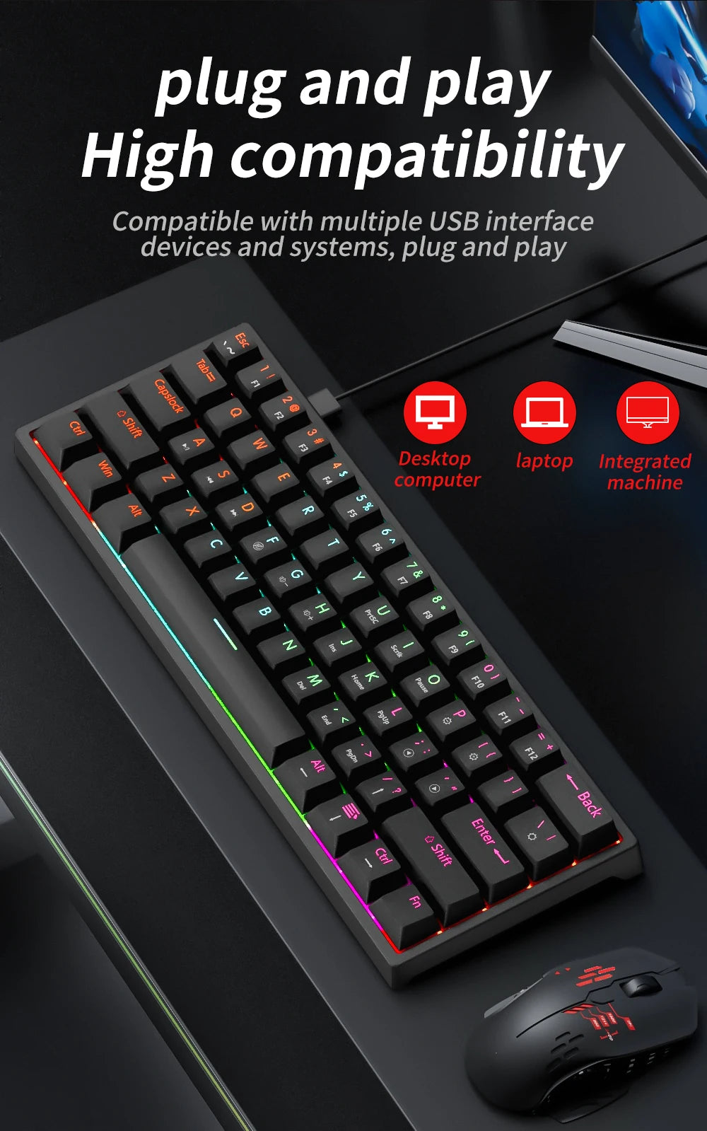 MUCAI MK61 USB Gaming Mechanical Keyboard 61 Keys Red Switch Wired Detachable Cable RGB Backlit Hot Swappable