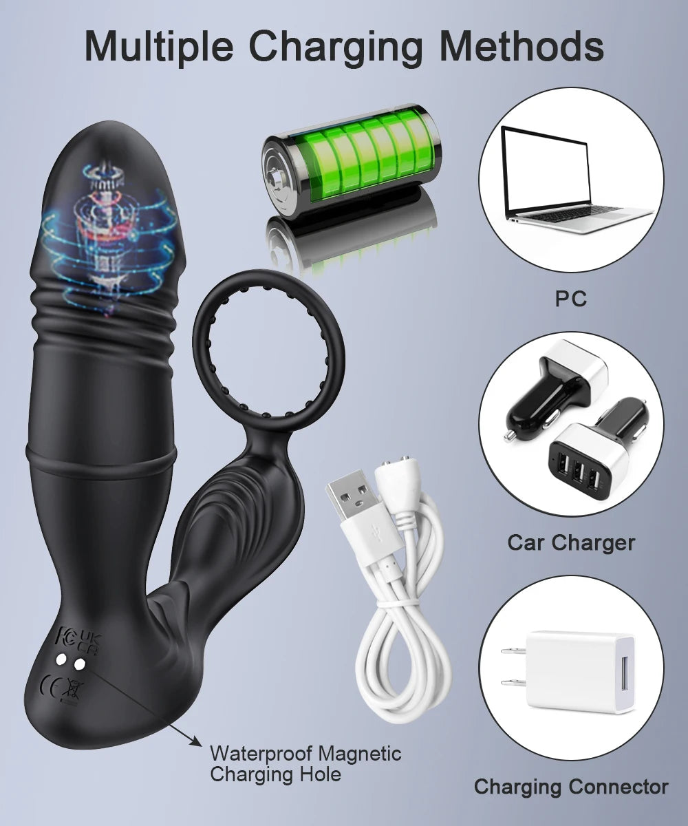 4in1 Thrusting Vibrating Anal Vibrator Prostate Massager Cock Ring Anal Plug G Spot Massager Male Sex Toys for Men Women Couples