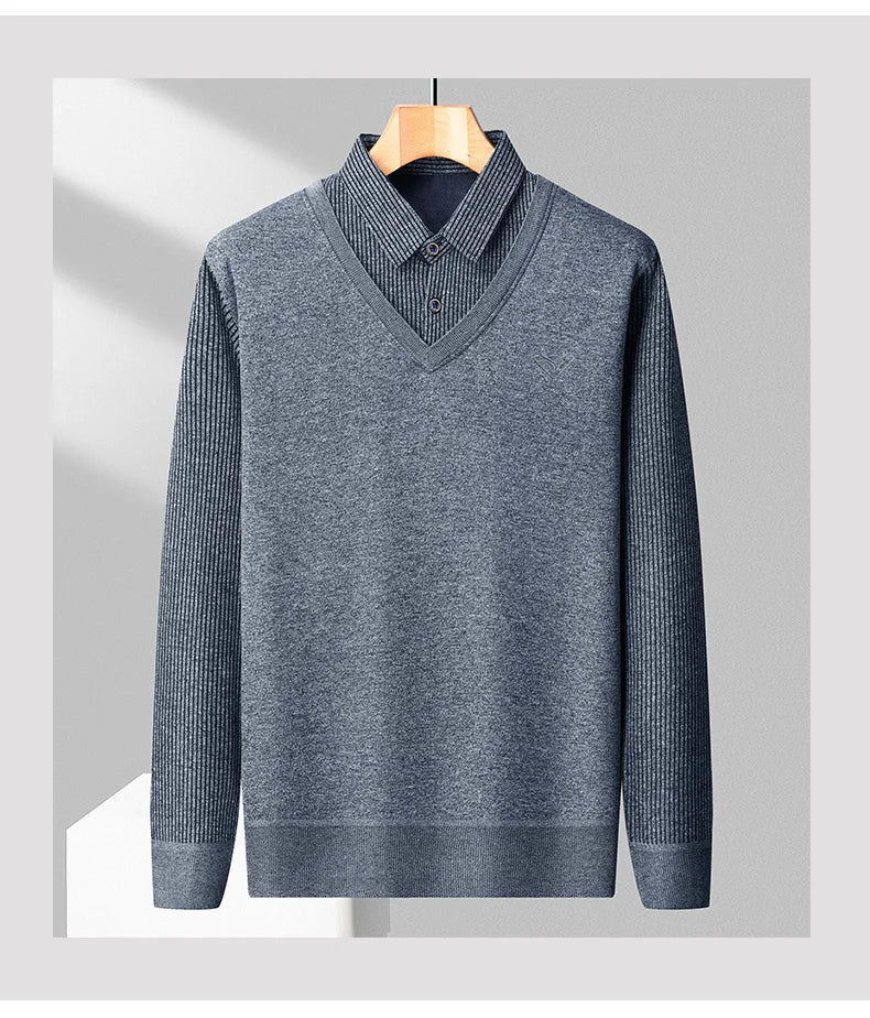 Male Fleece Polo Shirt Men's Pullover Autumn Winter T-shirt Collar Sweaters Cold Blouse Navy Blue Khaki Korean Clothing