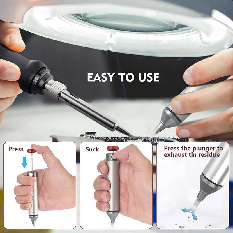 Solder Sucker Non-Clog Desoldering Pump for Removing Solder with Replaceable Heat-Resistant Silicone Tip and Spare Metal Tip