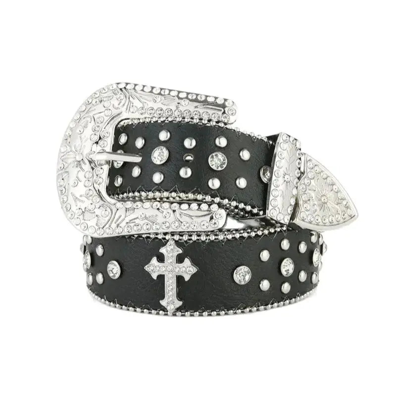 Rhinestone Belt for Men Women Western Cowboy Cowgirl Belts Y2K Bling PU Leather Belt With Cross and Diamond for Jeans