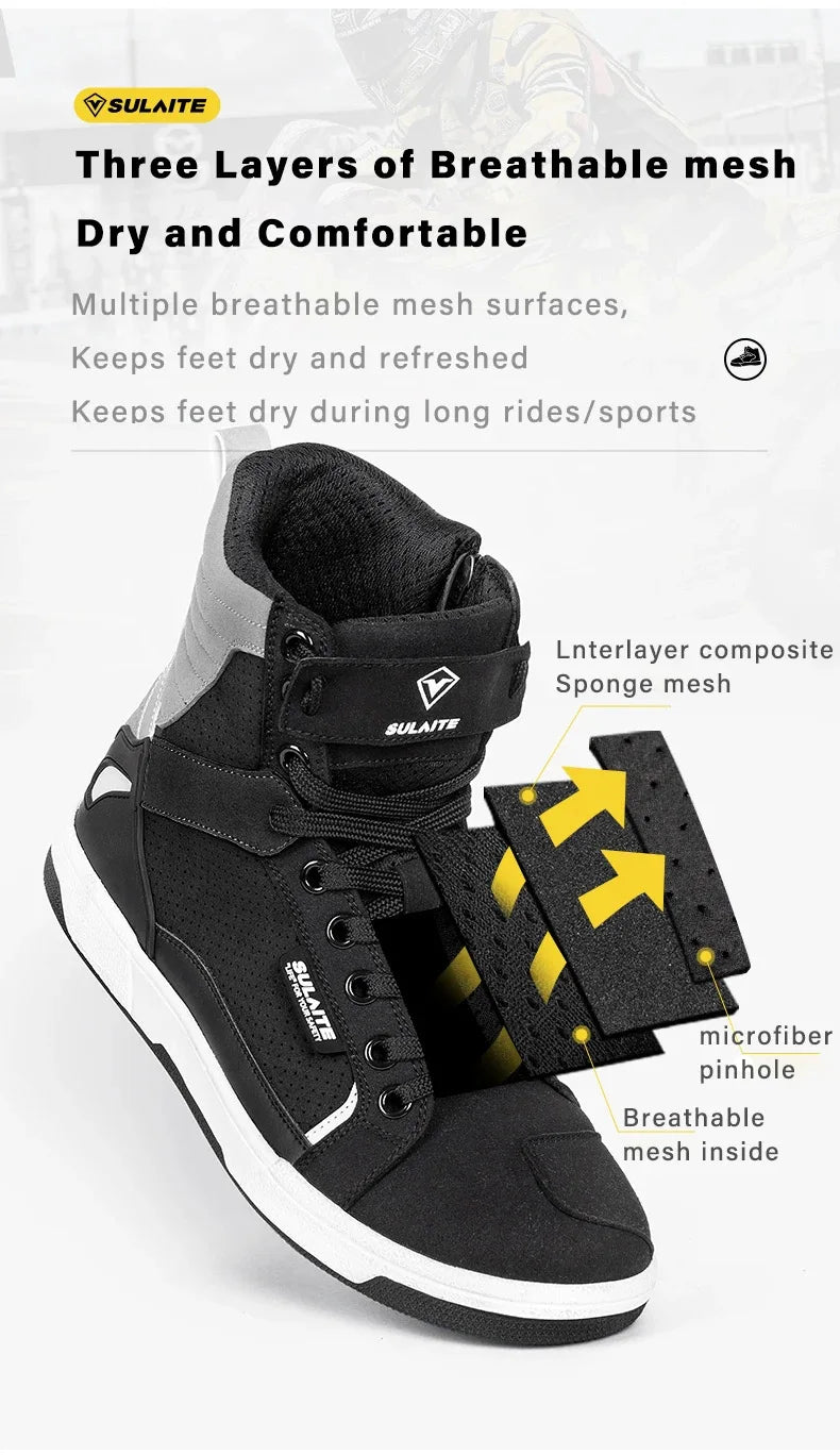 Men Motorcycle boots Breathable Anti-fall Rider Road Racing Casual Shoes Boots Gear Shift Rubber Sole Reflective Motorbike Shoes
