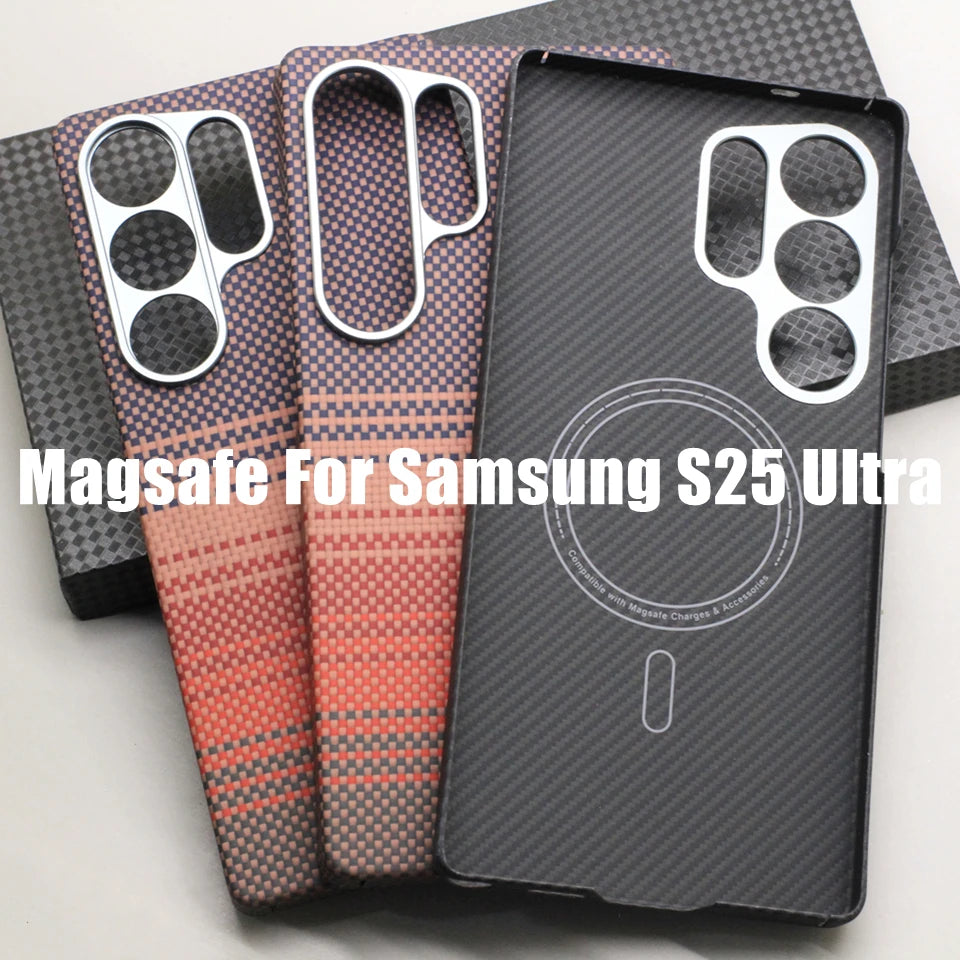 HANWOR Magnetic Carbon Fiber Phone Case for Samsung Galaxy S25 Ultra 600D Aramid Fiber Magnetic Cover S25 Ultra Magsafe Case