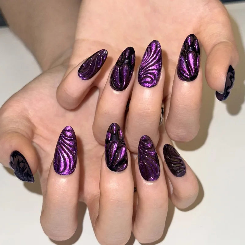 24PCS Droplet Mysterious Purple Cat Eye Press On Nail Full Cover Detachable Press On Nail Spice Girl Wearable Almond False Nail