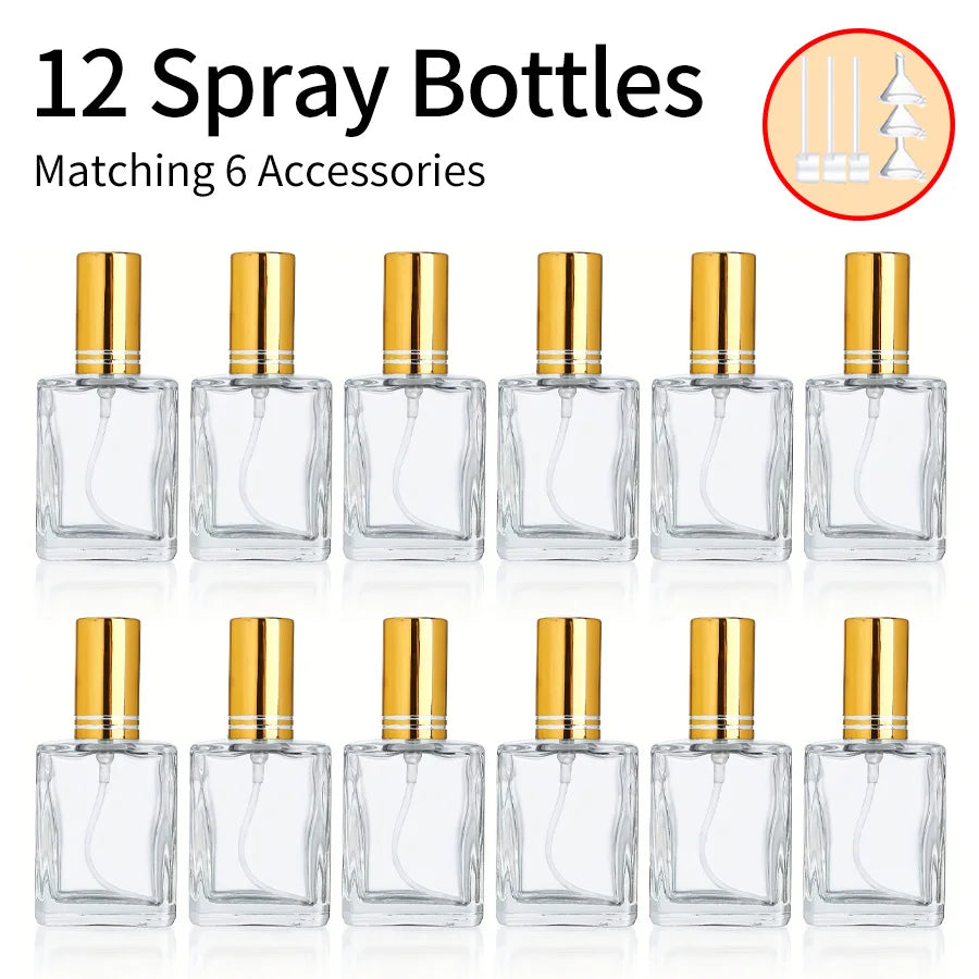 12pcs+6 accessories 15ml transparent perfume spray bottle, including 12 spray bottles, 3 funnels, and 3 sub-packing artifacts