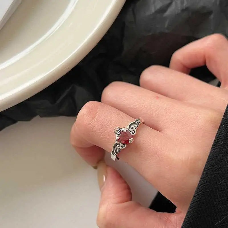 925 Sterling Silver Retro Heart Red Zircon Rings for Women Wedding Luxury Jewelry Angel Wing Crown Design Ladies Ring Gifts